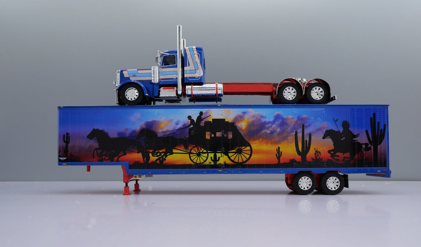 #60-1841 Blue/Red Peterbilt 389 w Tandem Axle Van Trailer.