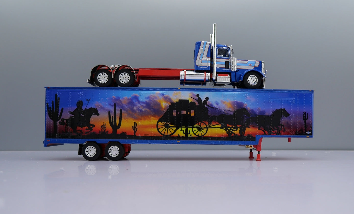 #60-1841 Blue/Red Peterbilt 389 w Tandem Axle Van Trailer.
