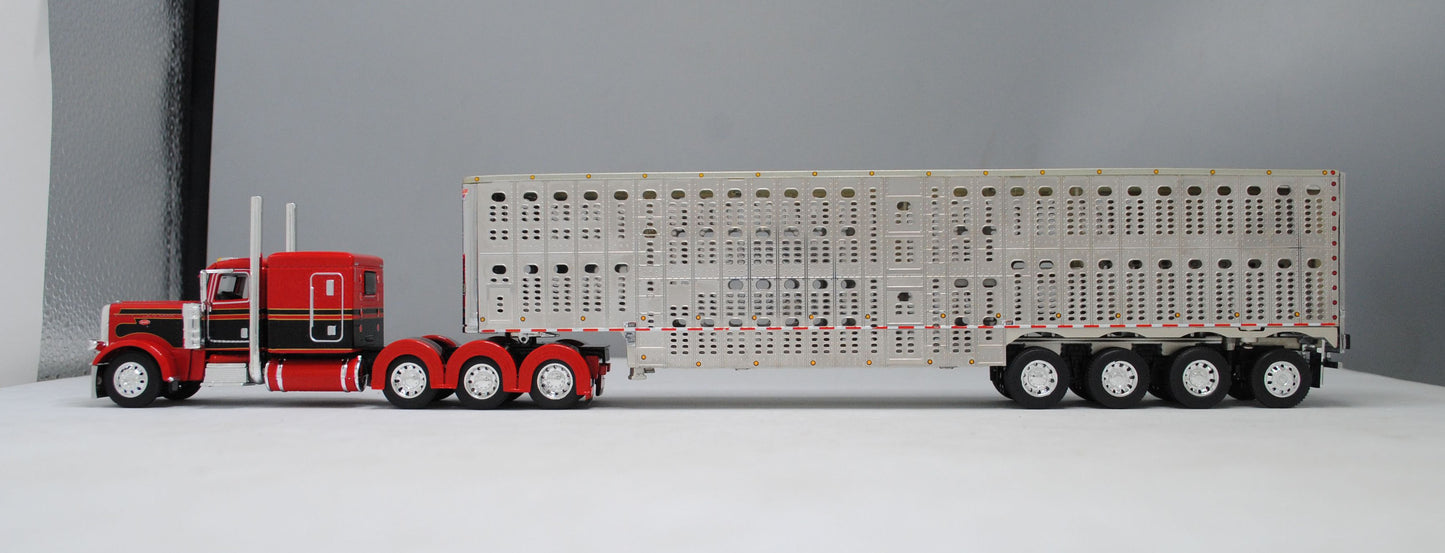 RETIRED #60-1053 Red Black Tri-Axle Peterbilt Wilson Silver Quad Axle Livestock Trailer