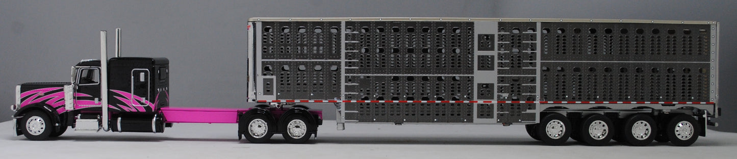#60-1334 Peterbilt 389 Black/Pink & Gunmetal Gray Quad Livestock Trailer