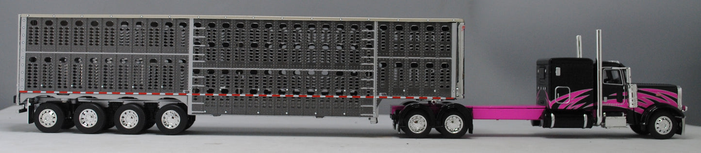#60-1334 Peterbilt 389 Black/Pink & Gunmetal Gray Quad Livestock Trailer