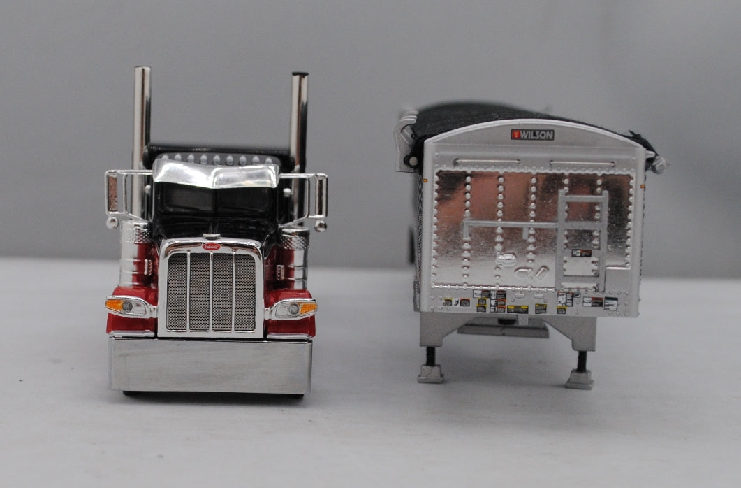 60-1472 Red Black Peterbilt 389 Tri Axle with Black Tri Grain Trailer