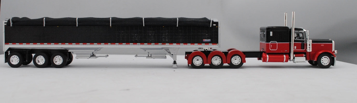 60-1472 Red Black Peterbilt 389 Tri Axle with Black Tri Grain Trailer
