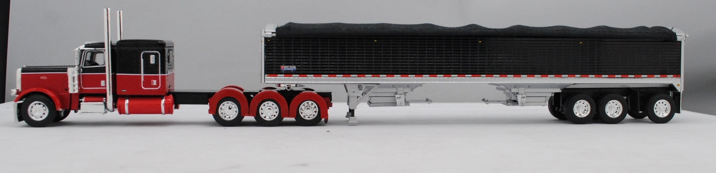 60-1472 Red Black Peterbilt 389 Tri Axle with Black Tri Grain Trailer
