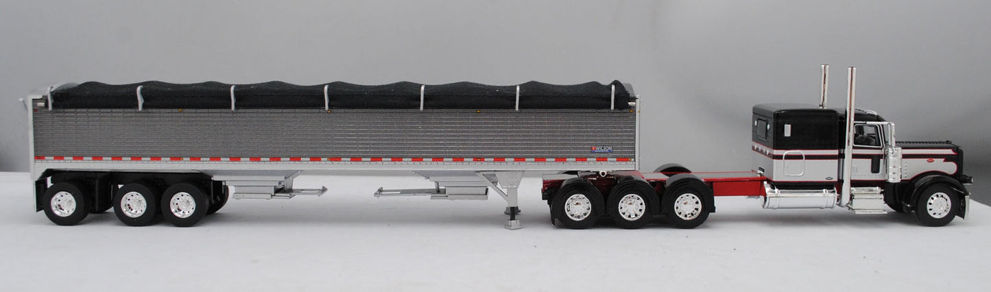 #60-1473 Black Red Silver Peterbilt 389 Tri Axle with Tri Grain Trailer