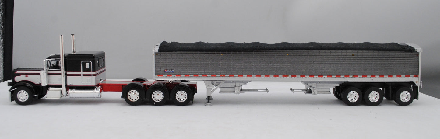 #60-1473 Black Red Silver Peterbilt 389 Tri Axle with Tri Grain Trailer