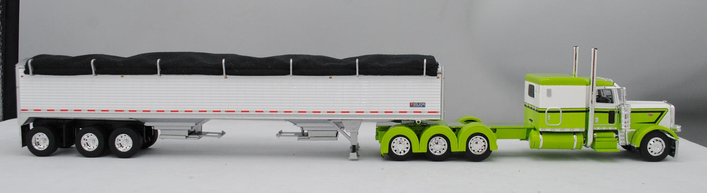 #60-1474 Lime Green White Peterbilt 389 Tri Axle with White Tri Grain Trailer