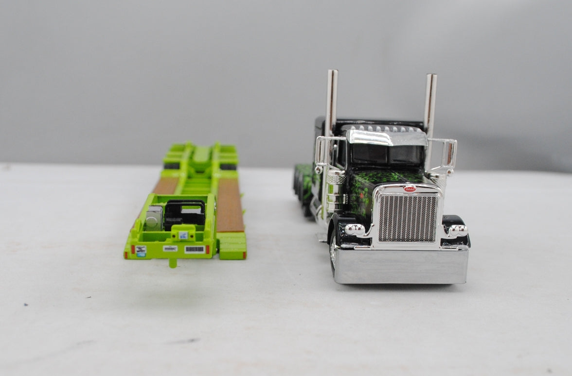 #60-1475 Black/Lime Green Peterbilt 389 w/ Lowboy Trailer & Flip Axle