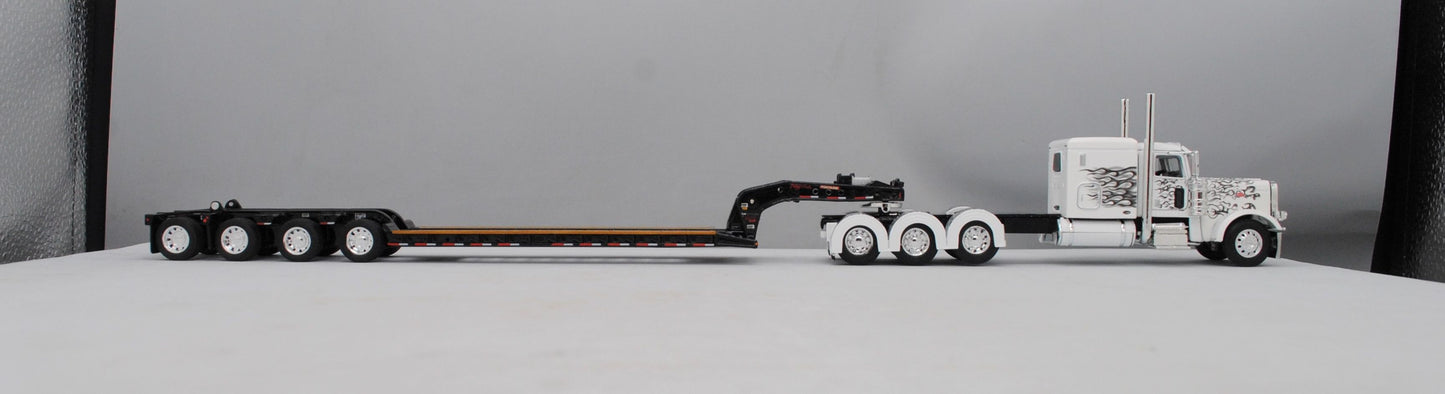 #60-1476 White/Black Flames Peterbilt 389 w/ Lowboy Trailer & Flip Axle