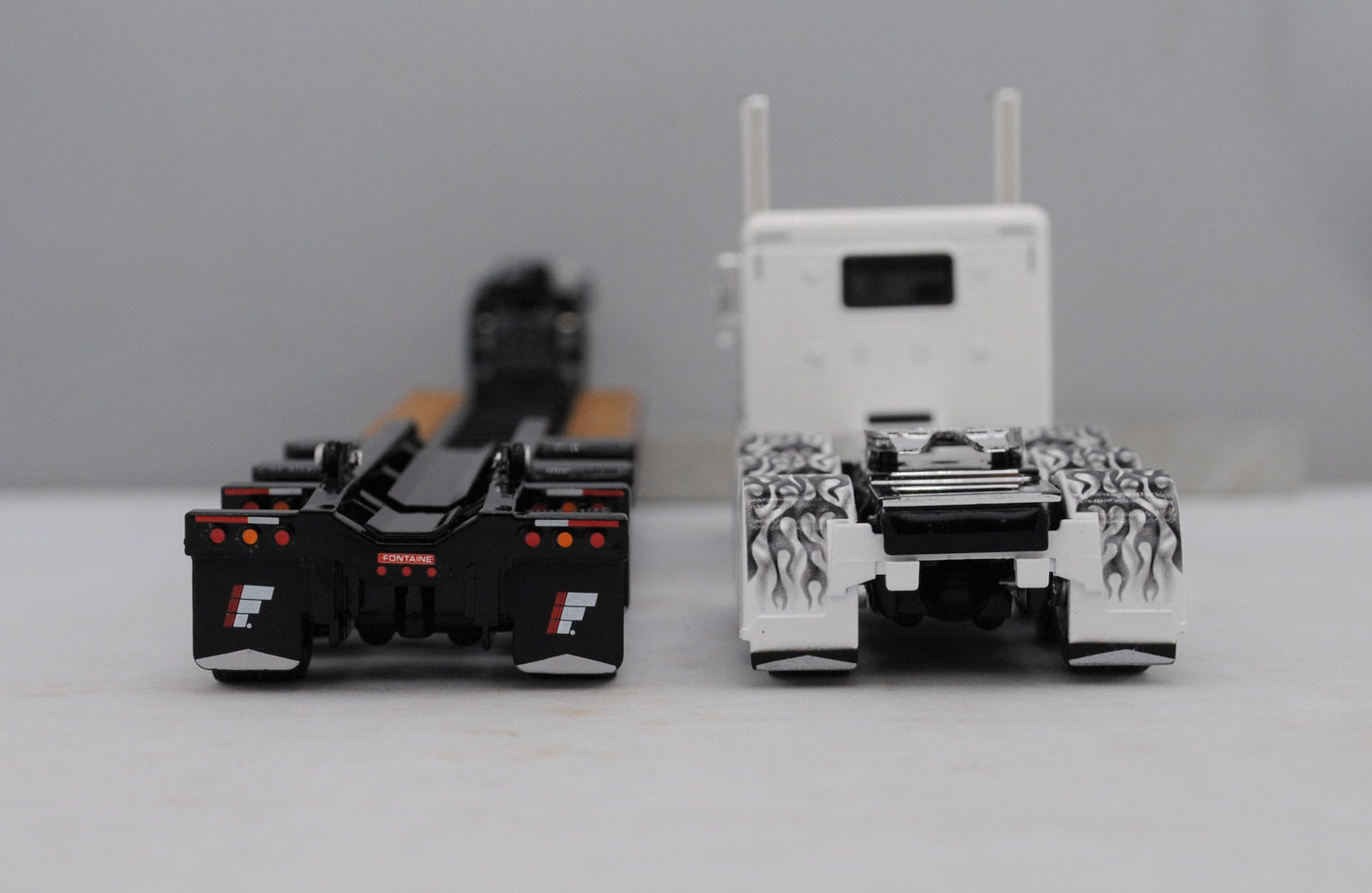 #60-1476 White/Black Flames Peterbilt 389 w/ Lowboy Trailer & Flip Axle