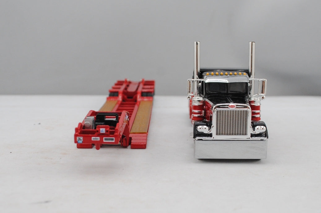 #60-1496 Red/Black Peterbilt 389 w/ Red Lowboy Trailer & Flip Axle