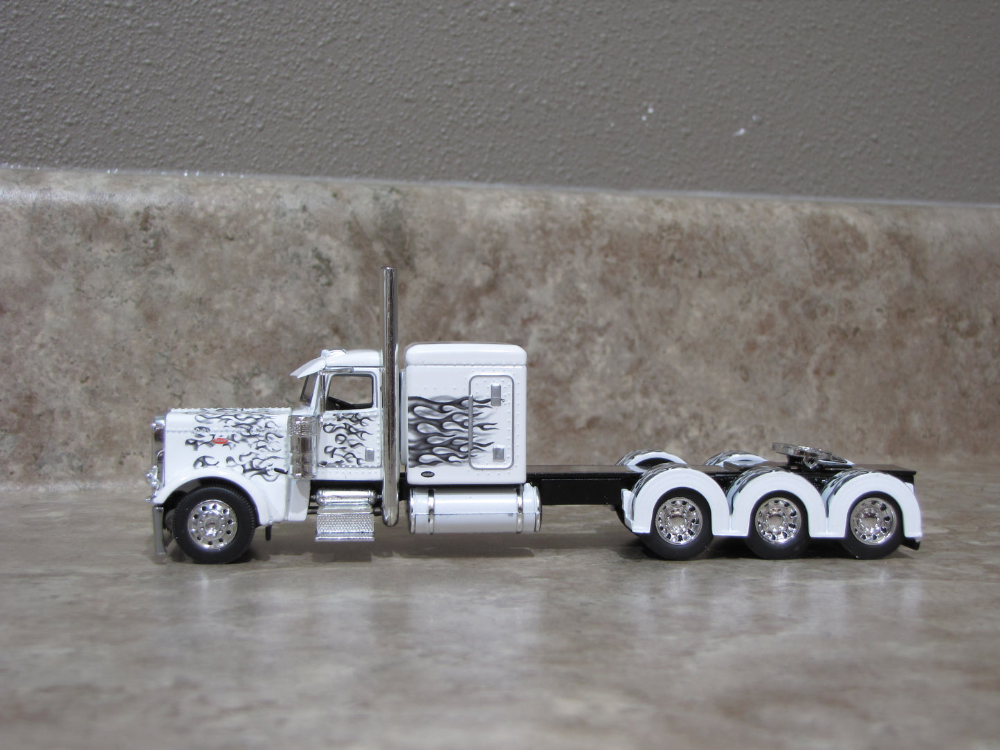 CAB 1476 White with Black Flames 389 Peterbilt Semi Truck