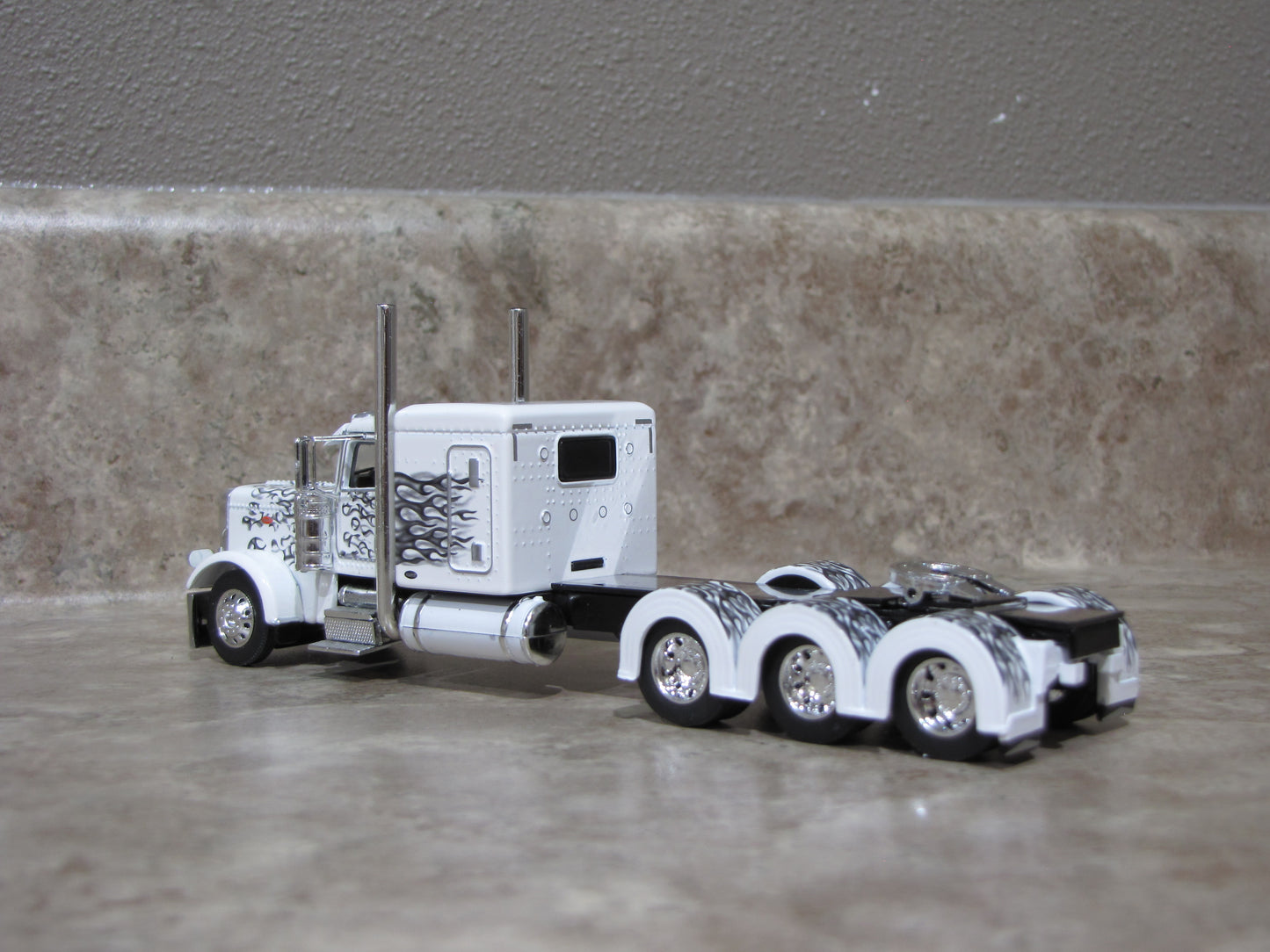 CAB 1476 White with Black Flames 389 Peterbilt Semi Truck