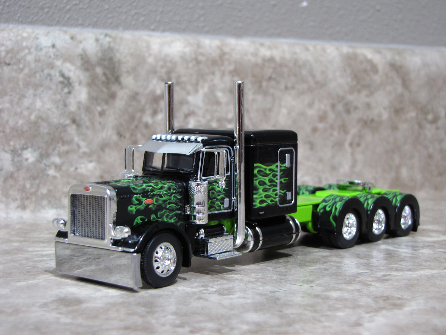 CAB 1475 Black with Lime Green Flames 389 Peterbilt Semi Truck