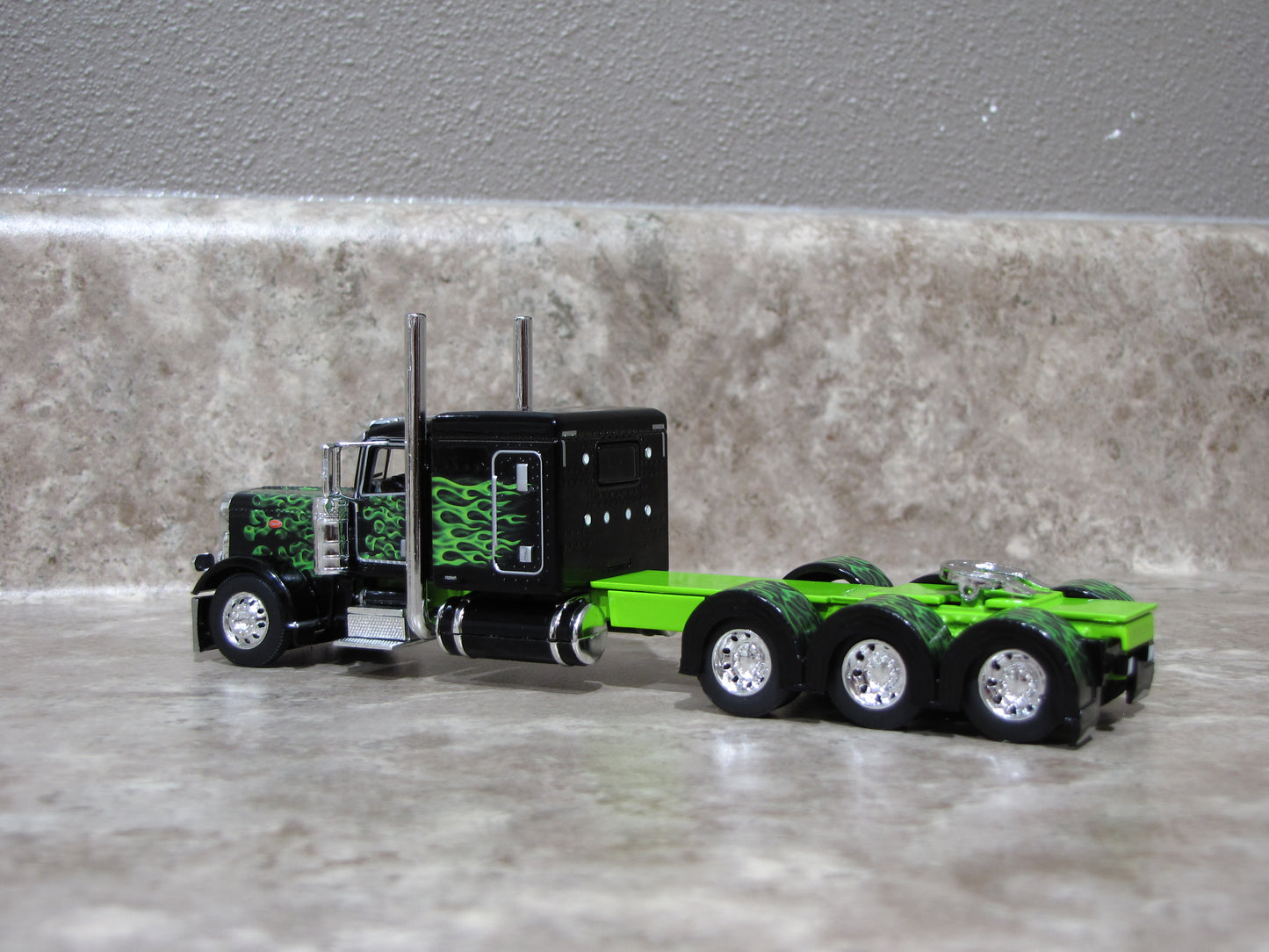 CAB 1475 Black with Lime Green Flames 389 Peterbilt Semi Truck