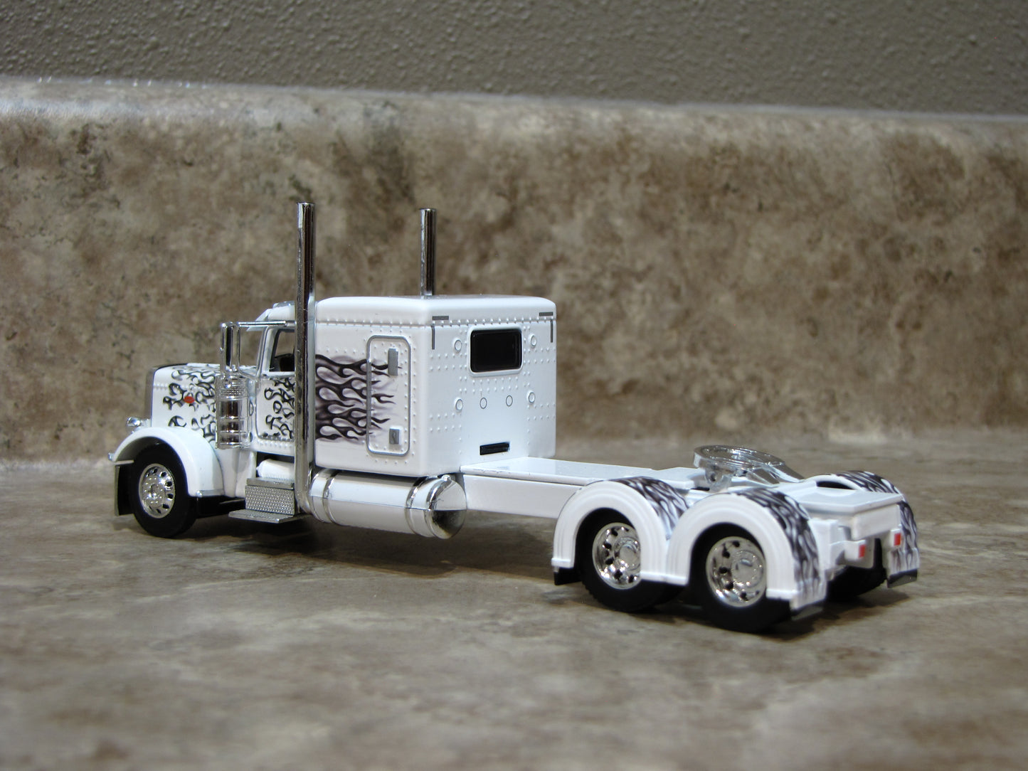 CAB 1105 White with Black Flames 389 Peterbilt Semi Truck