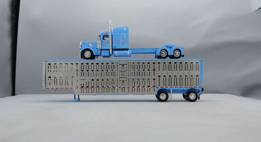 #60-1787 Baby Blue Peterbilt w/ Wilson Spread Axle Livestock Trailer