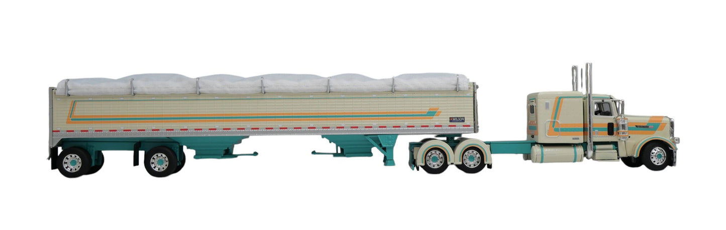 #60-2154 Teal Cream Peterbilt 389 with Spread Grain Trailer