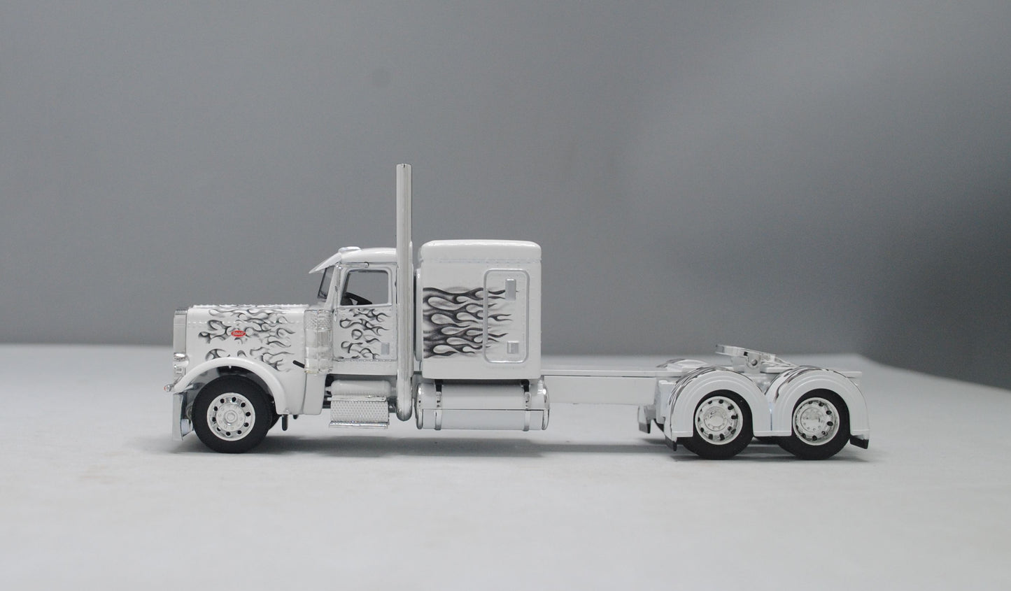 CAB 1105 White with Black Flames 389 Peterbilt Semi Truck