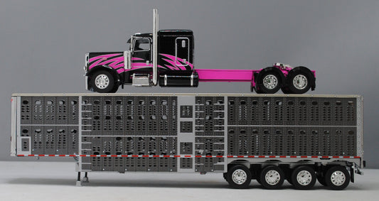 #60-1334 Peterbilt 389 Black/Pink & Gunmetal Gray Quad Livestock Trailer