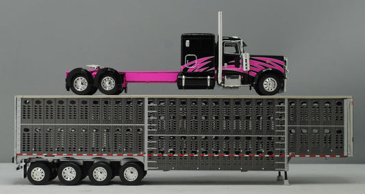 #60-1334 Peterbilt 389 Black/Pink & Gunmetal Gray Quad Livestock Trailer