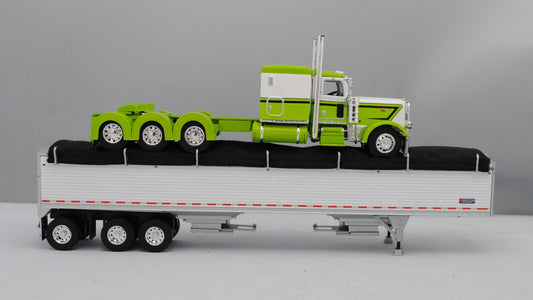 #60-1474 Lime Green White Peterbilt 389 Tri Axle with White Tri Grain Trailer