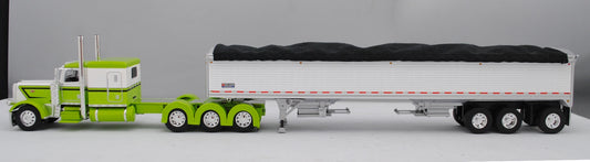 #60-1474 Lime Green White Peterbilt 389 Tri Axle with White Tri Grain Trailer