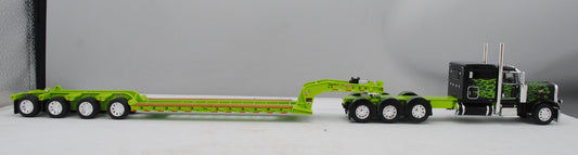 #60-1475 Black/Lime Green Peterbilt 389 w/ Lowboy Trailer & Flip Axle