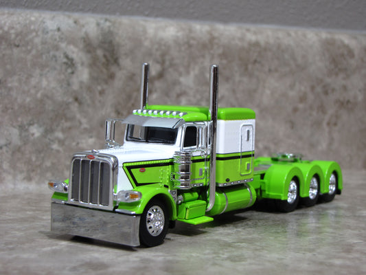 CAB 1474 Lime Green White Flattop Tri-axle Peterbilt 389 Semi Truck