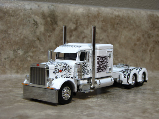 CAB 1105 White with Black Flames 389 Peterbilt Semi Truck
