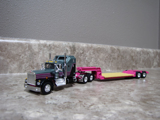 #60-1313 Kenworth W900A Gray/Black/Pink with Aerodyne sleeper with Rogers lowboy